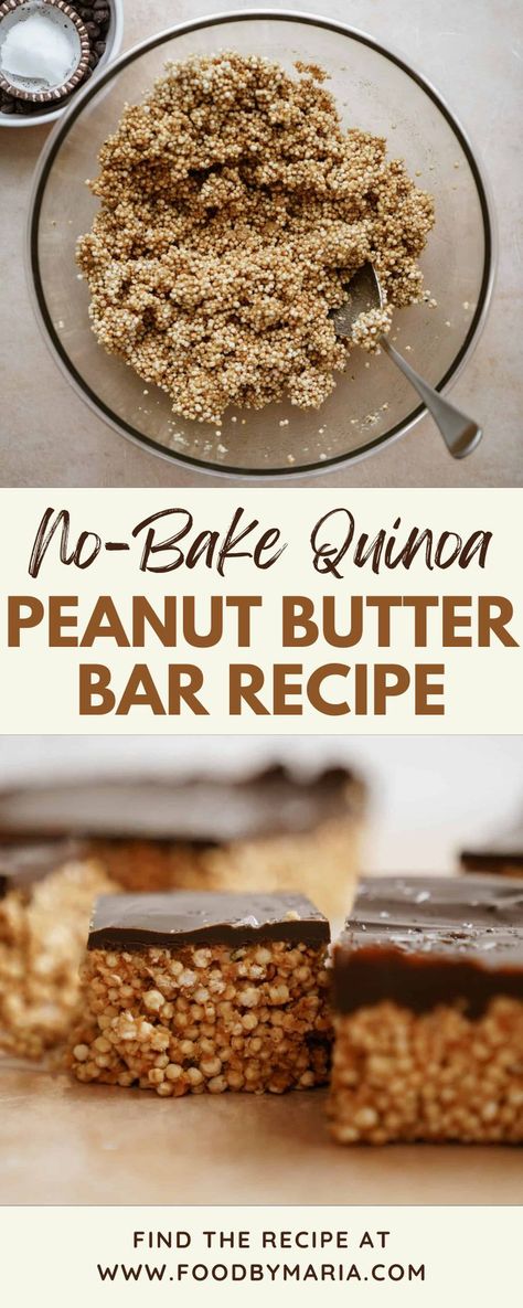 These No-Bake Quinoa Peanut Butter Bars are quick and easy to make and they only require 10-15 minutes in the fridge before you can enjoy them! This recipe is a great option for someone with a sweet tooth. With ingredients like peanut butter, puffed quinoa, and hemp seeds, each of these squares is healthy and are an excellent source of protein. Quinoa Bars Recipes, Desert Quinoa Recipes, Quinoa Recipes Deserts, Things To Make With Quinoa, Quinoa Dessert Recipes Healthy, Quinoa Snacks Healthy, Quinoa Desert, Cooked Quinoa Recipes Desserts, Quinoa Recipes Dessert