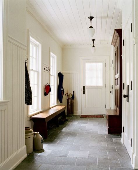 Beadboard Paneling, White Beadboard, Window Mudroom, Mudroom Flooring, Slate Tile Floor, Mudroom Entryway, Beadboard Ceiling, Mudroom Design, Interior Design Boards