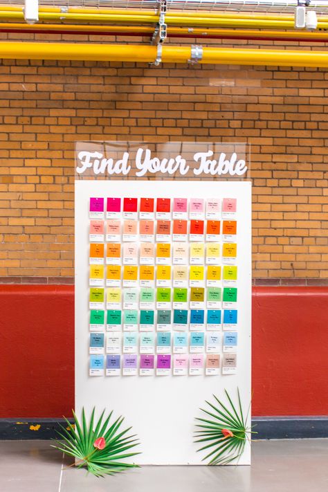 Colorful Seating Chart Wedding, Colorful Seating Chart, Paint Chip Seating Chart, Paint Chip Wedding Seating Chart, Modern Colorful Wedding Signage, Neon Seating Chart, Pastel Wedding Seating Chart, Diy Calligraphy, Budget Advice