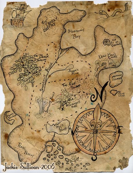 In the summer of 2006 I was teaching art classes for kids at the Old Sculpin Gallery on Martha's Vineyard. One day I decided we should have a pirate day, so I had the kids design their own treasure... Stary Papier, Pirate Treasure Maps, الفن الرقمي, طابع بريدي, Gold Acrylic Paint, Map Projects, Treasure Map, Pirate Treasure, Treasure Maps