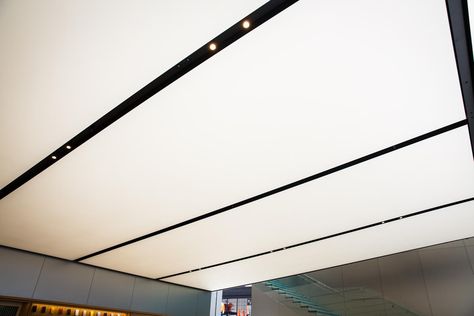 Luminous Ceiling, Angela Ahrendts, Jony Ive, Baffle Ceiling, Window Display Retail, Fabric Ceiling, Visual Merchandising Displays, Glass Staircase, House Design Pictures