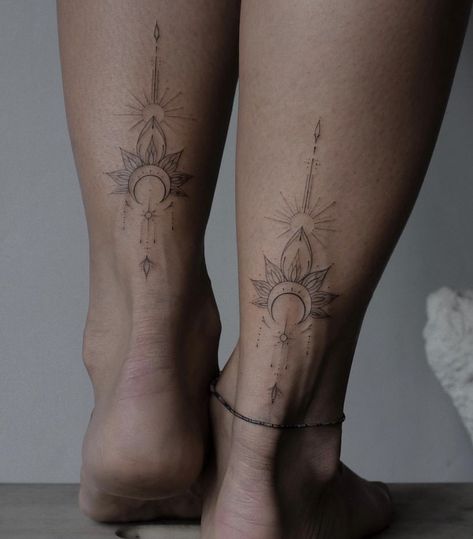 Cryptic Tattoos, Back Of Ankle Tattoo, Calf Tattoos For Women, Back Of Leg Tattoos, Yoga Tattoos, Ankle Tattoos For Women, Boho Tattoos, Anklet Tattoos, Men Tattoos