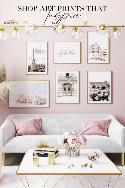 Modern Glam Decor, Pink Bedroom Walls, Pastel Home Decor, Pastel House, Pink Living Room, Paris Print, Pink Room, Gallery Wall Set, Room Ideas Bedroom