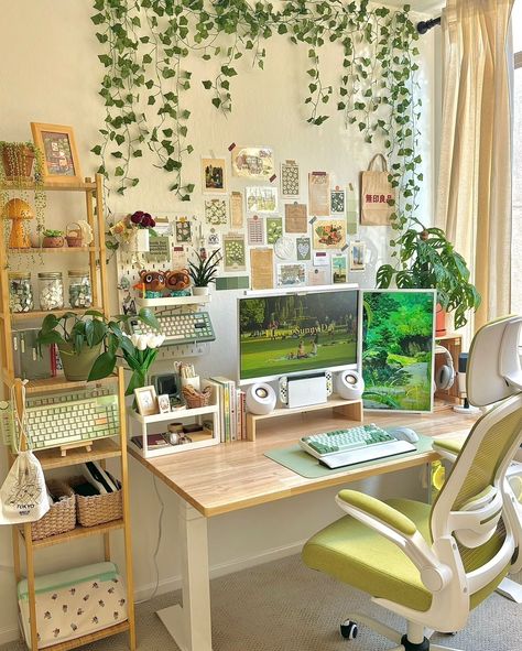 Cute Wfh Setup, Cozy Study Space Aesthetic, Cottagecore Desk Aesthetic, Cozy Desk Decor, Artsy Desk Setup, Bedroom Desk Setup Ideas, Gamer Set Up Aesthetic, Cosy Office Space, Colorful Desk Setup