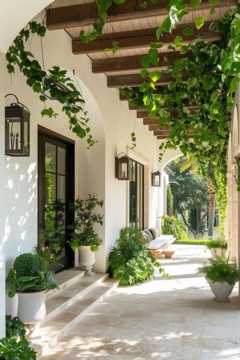 How to Decorate a Modern Mediterranean Home Mediterranean Luxury Homes Interiors, Napa House Exterior, Mediterranean Covered Patio, Medeteranian Exterior, Spanish Style Design, Spanish Style Casitas Guest House, Spanish Cottage House, Grecian Style Home, Santa Barbara Mediterranean Style