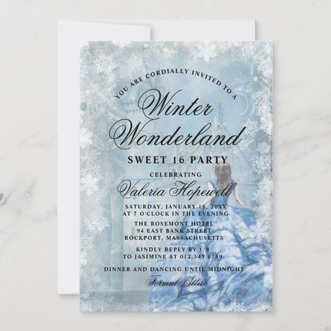 Budget Quinceanera, Quinceanera Winter Wonderland, Winter Wonderland Quinceanera, Quinceanera Blue, Blue Winter Wonderland, Wonderland Sweet 16, Winter Wonderland Invitations, Snowflake Invitations, Wonderland Invitation