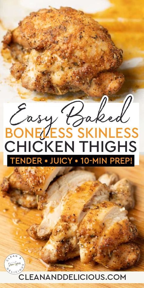 Baked boneless, skinless chicken thighs are inexpensive, delicious, and easy to cook. A simple spice rub is all you need to add tons of flavor before baking them in the oven. The results? Juicy, tender chicken that your whole family will love. I love chicken thighs. Crispy cast-iron chicken thighs are one of my go-to staples but when I want something even faster and easier, I turn to baked boneless skinless chicken thighs. | @danispies Baked Skinless Chicken Thighs, Baked Boneless Skinless Chicken Thighs, Chicken Thights Recipes, Clean And Delicious, Boneless Chicken Thigh Recipes, Chicken Thigh Recipes Baked, Boneless Skinless Chicken Thighs, Baked Chicken Thighs, Spice Rub