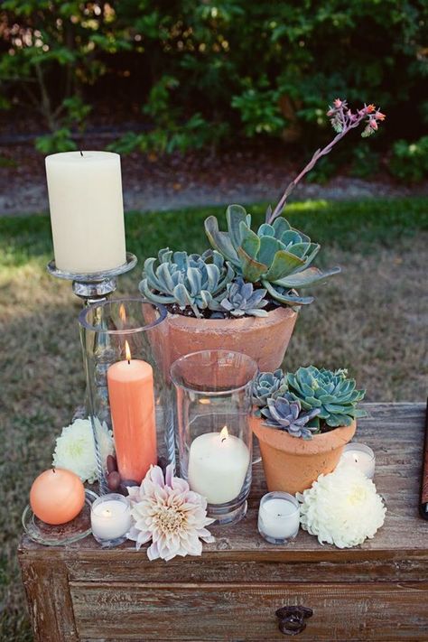 Rancho Santa Fe Wedding by Flowers by Erin + He & She Photography Terra Cotta Wedding Centerpieces, Succulent Wedding Table, Pots Flowers, Terra Cotta Wedding, Succulent Wedding Decor, Succulent Wedding Centerpieces, Wedding Fiesta, Succulents Candles, Decor Color Palette