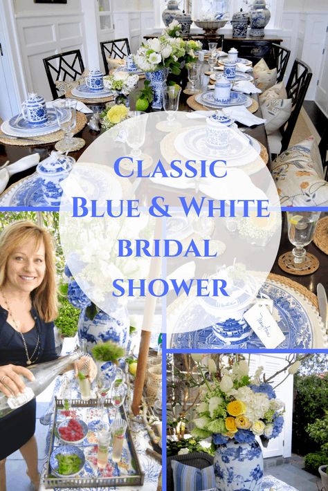 Elegant Blue and White Bridal Shower - Classic Casual Home #showers #blueandwhite #parties #bridalshower #tablesettings Blue White Centerpieces Wedding, Chinoiserie Shower Theme, Ginger Jar Bridal Shower Decor, Something Blue Bridal Shower Decorations, Blue Willow Bridal Shower Ideas, Bridal Luncheon Tablescape, Chinoiserie Bridal Shower Ideas, Wedding Shower Blue And White, Bridal Shower Tablescape Ideas