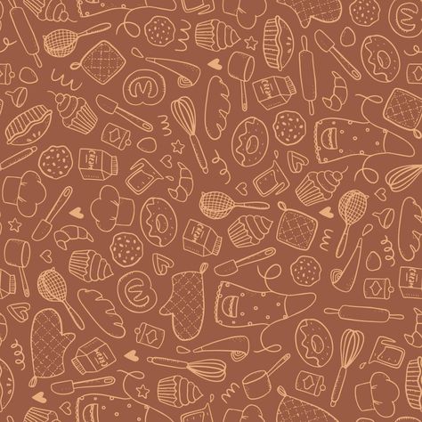 Cute seamless pattern with bakery hand drawn doodles on caramel background. Wrapping paper, textile prints, package, wallpaper, etc. EPS 10 Cute Baking Aesthetic Wallpaper, Cakes Background Wallpaper, Baking Design Background, Bakery Background Wallpaper, Bakery Wallpaper Backgrounds, Baking Background Design, Cooking Background Wallpaper, Cute Food Backgrounds, Baking Wallpaper Backgrounds