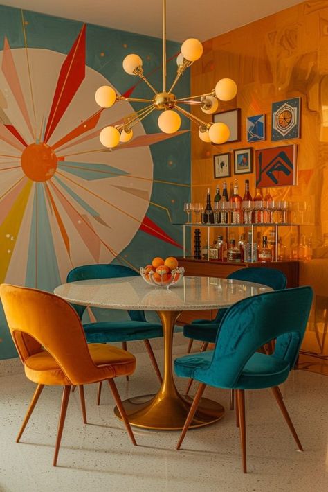 29 Mid Century Modern Decor Ideas to Elevate Your Style 2 Funky Retro Dining Room, Space Age Mid Century, Midcentury Space Age, Atomic Retro Decor, Atomic Interior Design, Space Age Interior Mid Century Modern, Mid Century Retro Living Room, Mid Century Interior Design 1950s, Atomic Interior