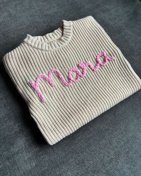 Thick Font Sweater Embroidery, Chunky Knit Name Sweater, Yarn Embroidery Name On Sweater, Hand Knit Name Sweater, Hand Embroidered Name Sweater, Nana Birthday, Custom Sweaters, Name Embroidery, Pink Yarn