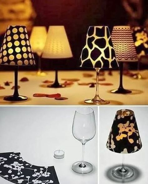 Inexpensive wine glasses ---> fancy candle lamps, just topped with vellum shade. (y) Template and video dirctions---> http://wonderfuldiy.com/wonderful-diy-fancy-wine-glass-candle-lampshades/ Wine Glass Candle Lamps, Candle Lamp Diy, Wine Glass Lamp, Diy Table Lamp, Wine Glass Decor, Wine Glass Candle, Candle Projects, Candle Lamps, Decorated Wine Glasses