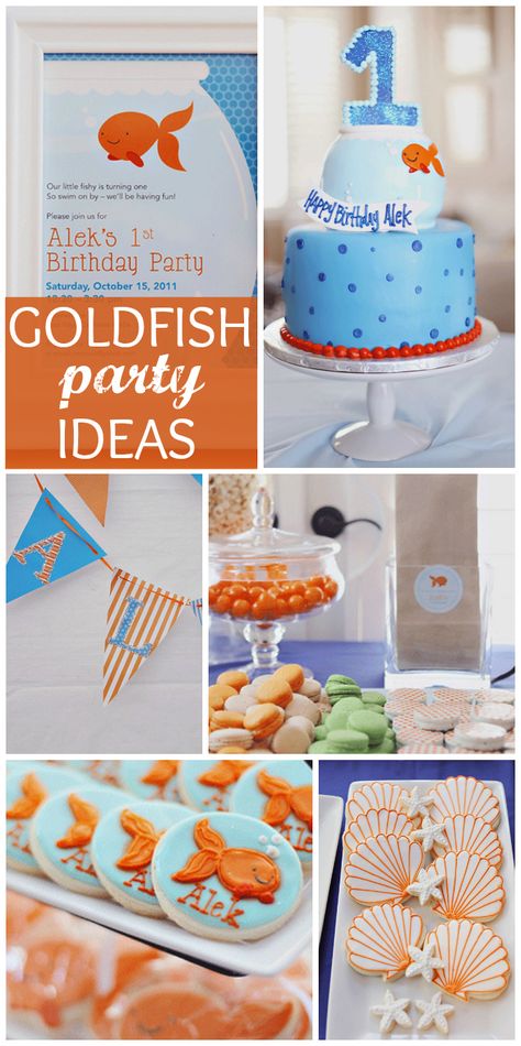 This fun Goldfish birthday party has lots of blue and orange colors and under the sea elements!  See more party ideas at CatchMyParty.com! Goldfish Themed Birthday Party, Goldfish Birthday Party, Goldfish Party, Sea Elements, Fish Party, 18th Birthday Party Themes, Anna Birthday, Adoption Party