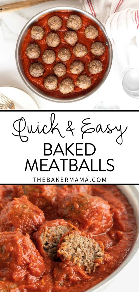 Our Quick & Easy Baked Meatballs are made from scratch and come together in minutes and taste delicious. Serve with marinara sauce and a side salad for a simple filling meal your family will love. The meatballs are so perfectly seasoned and filling, they stand up great on their own. When I say they’re popular in our house–these babies are gone in a flash! I usually make a double batch! Simple Meatball Subs, Easy Oven Baked Meatballs, Best Easy Meatballs, Easy Marinara Meatballs, Homemade Meatballs Recipe Baked, Quick Easy Meatballs, Make Meatballs Ground Beef, Meatball Recipes No Cheese, Meatballs Baked In Sauce