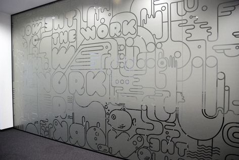 Graffiti BBDO office stickers by Mariya Donchevska, via Behance Window Branding, Glass Sticker Design, Glass Film Design, Glass Wall Office, Glass Graphics, Office Stickers, Office Graphics, Window Graphic, Window Signage