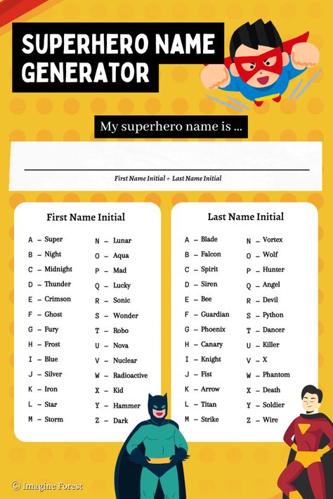 Superhero Name Generator 🦸 | Imagine Forest Superhero Name Generator, Super Hero Name Generator, Supervillain Names, Superhero Names Ideas, Hero Names Ideas, Hero Name Generator, Hero Names, Superhero Writing, Dinosaur Books For Kids