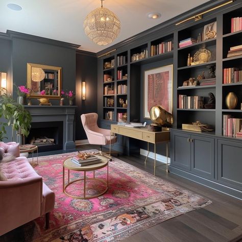 Feminine Library Office, Glam Office Guest Room Ideas, Feminine Home Office Library, Womens Study Room Home Office, Home Vault Room, Purple Library Room, Moody Glam Office, Feminine Home Office Classy Chic, Feminine Library Room