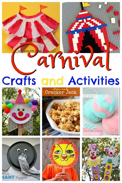 Carnival Crafts and Activities to Celebrate National Carnival Day February 26th. Lots of fun, clever ideas for toddler, preschool, prek, kindergarten, first grade, or 2nd grade kids for school themes, family fun, homeschool, special days, party themes, or circus theme activities. Circus Theme Activities, Carnival Theme Crafts, Preschool Circus, Summer Daycare, Carnival Day, Craft Themes, Circus Activities, Carnival Activities, Carnival Crafts