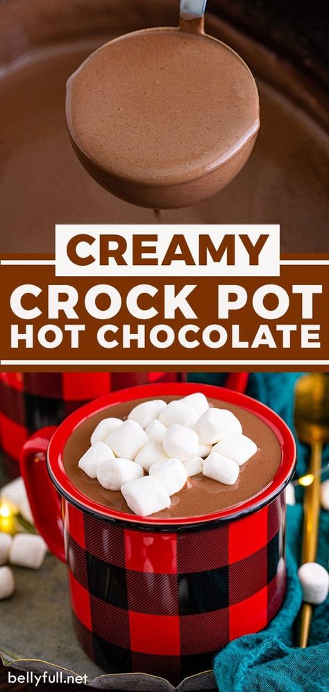 Creamy, decadent, and luscious, this Slow Cooker Hot Chocolate recipe is one you'll want to be making all winter long! It's the perfect big batch hot chocolate drink to serve up for any holiday party or gathering of friends and family. Hot Chocolate Recipes With Chocolate Bar, Bob Evans Hot Chocolate Recipe, Heavy Cream Hot Chocolate, Hot Chocolate Large Batch, The Best Crockpot Hot Chocolate, Christmas Eve Creamy Crock Pot Hot Chocolate, Belgian Hot Chocolate Recipe, Fresh Hot Chocolate, Santa Claus Hot Chocolate Recipe