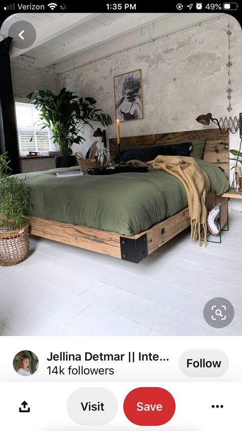 Wooden Bed Frame Modern, Handmade Bed Frame, Bedroom Design Bohemian, Rustic Platform Bed, Boho Bedroom Inspirations, Boho Bedroom Wall Decor, Homemade Beds, Rustic Bed Frame, Bedroom Curtain Ideas