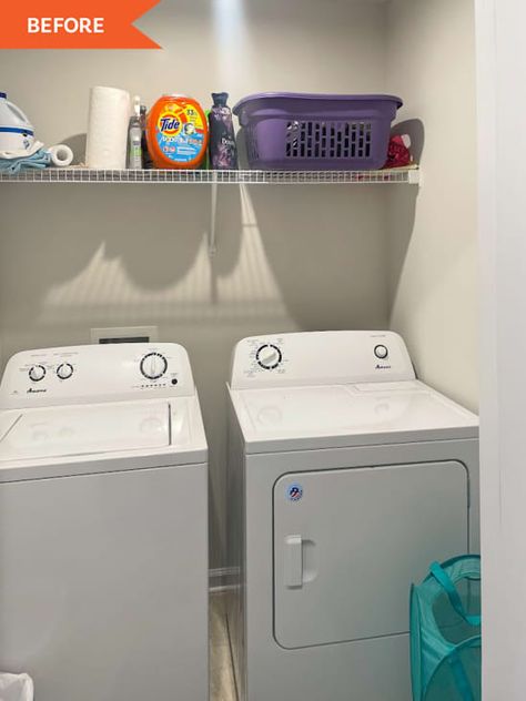 Small Laundry Room Makeover Top Loader, Laundry Room With Top Loader Ideas, Diy Drying Rack, Laundry Room Organization Shelves, Laundry Room Redo, Laundry Closet Makeover, Laundry Room Decor Ideas, Shelf Makeover, Diy Shelving