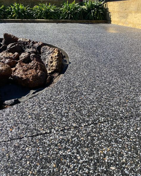 Exposed aggregate concrete around a large fire pit in a Perth properties backyard. Exposed Aggregate Driveway, Aggregate Driveway, Exposed Aggregate Concrete, Aggregate Concrete, Exposed Aggregate, Concrete Ideas, Installation Art, Perth, Blending