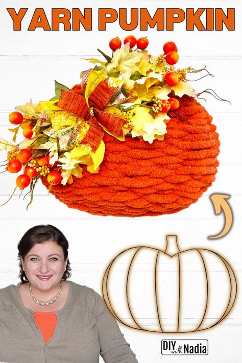 Loop Yarn Pumpkin Wreath, Woven Pumpkin Wreath, Loop Yarn Fall Wreaths, Ribbon Covered Pumpkins, Yarn Pumpkin Wreath Diy, Dollar Tree Yarn Pumpkin, Dollar Tree Crafts Pumkins, Pumpkin Yarn Wreath, Pumpkin Frame Wreath Diy