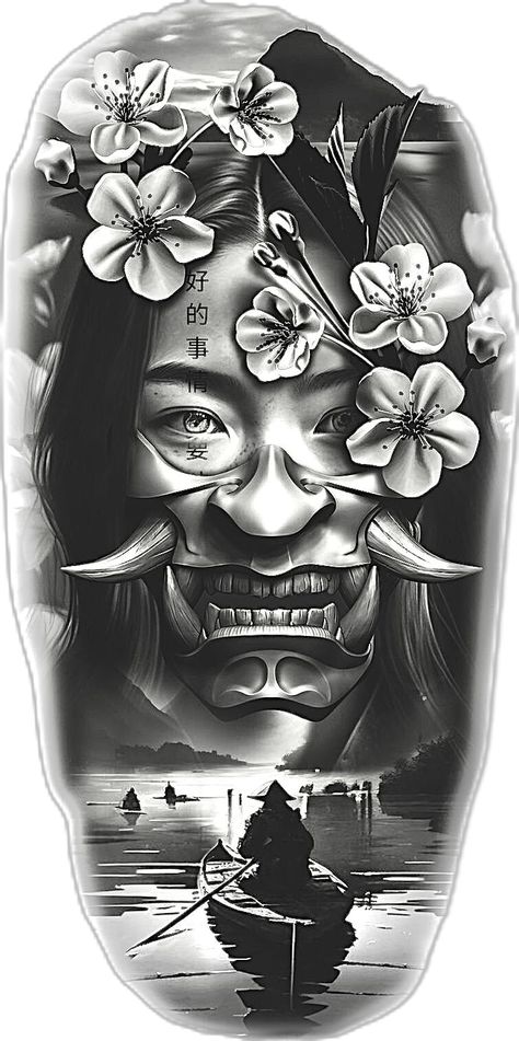 Onna Musha Tattoo, Ninja Tattoos For Men, Japanese Realistic Tattoo, Mob Tattoo Design, Geisha Hannya Tattoo, Japanese Tattoo Designs Geisha, Japanese Tattoo Art Geisha, Realistic Japanese Tattoo, Japanese Mask Tattoo Design