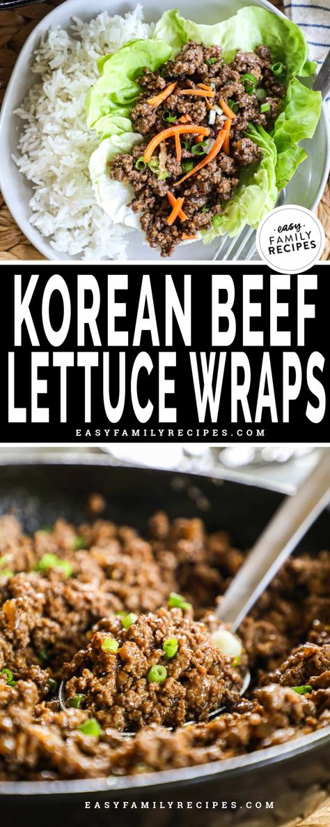 Korean Beef Lettuce Wraps · Easy Family Recipes Korean Beef Lettuce Wraps, Asian Ground Beef, Asian Ground Beef Recipes, Easy Lettuce Wraps, Korean Beef Recipes, Asian Lettuce Wraps, Lettuce Tacos, Bowl Of Rice, Yum Sauce