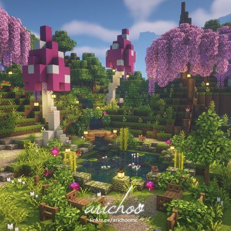 Fairy Village Minecraft House, Garden Inspo Minecraft, Cute Minecraft Aesthetic Builds, Fairycore Minecraft Village, Fairy Minecraft House Ideas, Minecraft Ideas Fairycore, Fairy Mushroom Minecraft, Enchanted Village Minecraft, Aesthetic Village Minecraft