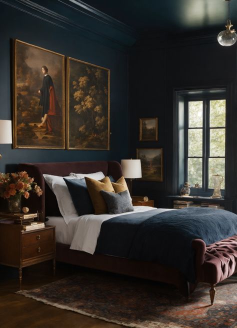 Traditional Moody Bedroom, Ralph Lauren Bedroom Aesthetic, Moody Blue Room, Moody Master Bedrooms Decor Cozy, Moody Teal Bedroom, Blue Moody Bedroom, 1900s Bedroom, Dark Blue Room Aesthetic, Color Drenching Bedroom