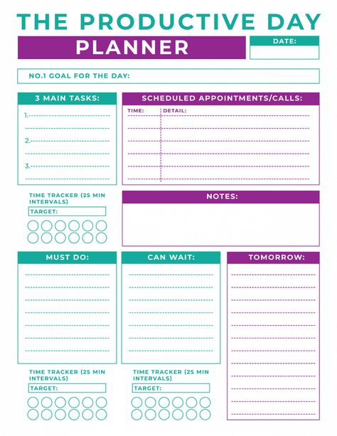 Daily Productivity Planner and Challenge Printables | Mama Cheaps® Work Day Organizer Printable Free, Work Day Planner, Life Organization Binder Printables Free, Paper Monster, Work Organizer, Productivity Printables, Class Schedule Template, Daily Work Planner, Planner School