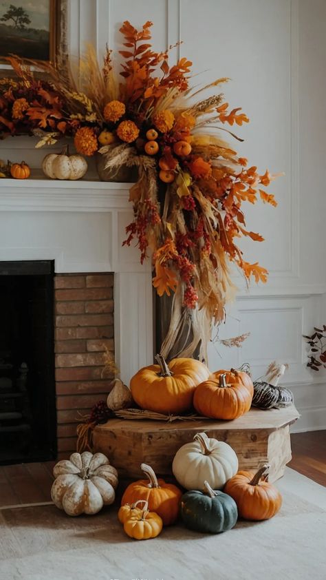 Transform Your Space: 15 Thanksgiving Decor Ideas for Every Nook and Cranny** ** - Cheerful Talks Fall Decorated Entertainment Center, Fall Decor Ideas Mantel, Fall Center Piece Dining Room, Thanksgiving Chandelier Decor, Martha Stewart Fall Decor, Cornucopia Decorating Ideas, Pumpkin And Flower Centerpieces, Fall Decor Fireplace Mantle, Autumn Decor Table