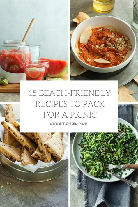 15 Beach-Friendly Recipes to Pack for a Picnic - From drinks to dessert, with fresh wraps and hearty salads in between, these paleo and vegan picnic recipes are easy to pack up and bring to the beach. #beach #picnic #paleo #vegan #recipes Homemade Picnic Food, Beach Picnic Menu Ideas, Beach Picnic Snacks, Paleo Picnic Food, Beach Picnic Dinner Ideas, Vegan Beach Food Ideas, Packed Picnic Lunch Ideas, Elevated Picnic Food, Paleo Picnic Food Ideas