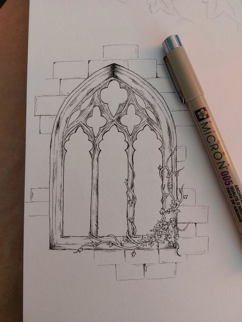 Cottage Window Drawing, Stained Glass Window Sketch, Window Shading Drawing, Gothic Window Drawing, Castle Window Drawing, Gothic Cathedral Window Tattoo, Old Window Drawing, Arch Window Tattoo, Vines Around Window