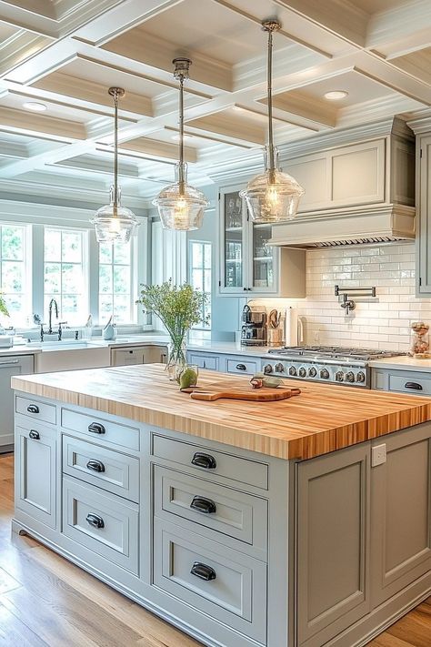 29 Coastal Farmhouse Kitchen Ideas for a Breezy Cooking Space 6 Farmhouse Kitchen Blue Backsplash, Rustic Coastal Kitchen, Coastal Farmhouse Kitchen Decor, Kitchen Design Tips, House Kitchen Design, Coastal Farmhouse Kitchen, Briarcliff Manor, Bistro Kitchen, Coastal Inspiration