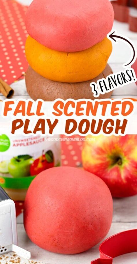 These super soft fall playdough recipes smell like your favorite things about the season: Apple, pumpkin, and cinnamon scented play dough! Fall Playdough Recipes, Fall Playdough, Scented Playdough, Cooked Playdough, Pasteles Halloween, Scented Play Dough, Homemade Playdough Recipe, Playdough Activities, Pumpkin Scent