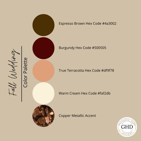 Rich burgandy, cocoa brown, terracotta and a copper access. The perfect warm earth tone wedding color palette for your fall event. Earth Tone Color Palette Bridesmaids, Rust Brown Color Palette Wedding, Muted Earth Tone Color Palette Wedding, Colour Palette Brown Earth Tones, Earth Tone Color Palette Yarn, Earth Tone Wedding, Earth Tone Color Palette, Fall Gathering, Earth Tone Color