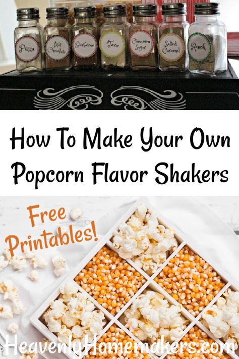 Use these recipes to make 7 Popcorn Flavor Shakers to enjoy with your family and friends! Popcorn Seasoning Mix Recipes, Diy Popcorn Seasoning Gift, Churro Popcorn Seasoning, Flavored Popcorn Recipes Seasoning Mixes, Popcorn Seasonings Diy, Seasonings For Popcorn, Diy Popcorn Gift Ideas, Popcorn Salt Recipes, Popcorn Spice Recipes