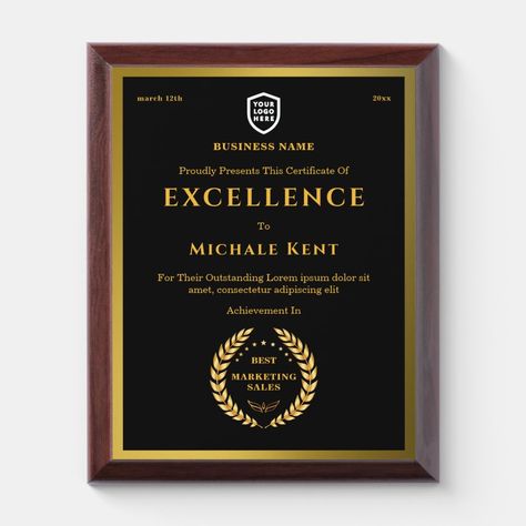 Business award certificate | Logo Custom Gold - employee recognition plaques Recognition Plaques, Recognition Awards, Business Awards, Employee Recognition, Sales And Marketing, Business Names, Created By, Marketing, ? Logo