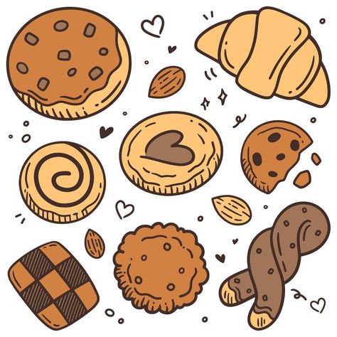 Cute doodle cartoon bakery and cookie set vector illustration Bakery Drawing Cute, Cake Doodle Cute, Dessert Cartoon Drawing, Kawaii Bakery Illustration, Cute Cookie Illustration, Bakery Doodle Art, Cookie Drawing Aesthetic, Cartoon Cookie Drawing, Bakery Vector Illustrations