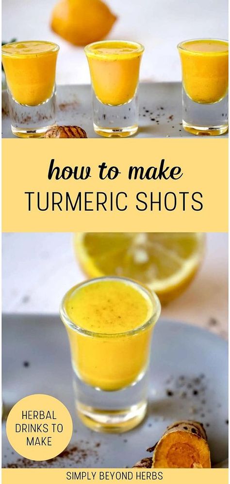 Learn how to make turmeric shots with our guide in herbal drinks. This simple recipe combines the powerful benefits of turmeric with black pepper to maximize absorption and effectiveness. A quick and easy way to boost your overall health. Find more turmeric recipes & turmeric benefits, immunity drink recipes, and immune boosters at simplybeyondherbs.com. Tumeric Medicinal Uses, Turmeric And Ginger Drink, Tumeric Inflammation Drink, Anti Inflammation Turmeric Drink, Tumeric Cleanse Drink, Tumeric Recipes Inflammation, Turmeric Hack Recipe, Morning Turmeric Drink, Using Tumeric For Inflammation