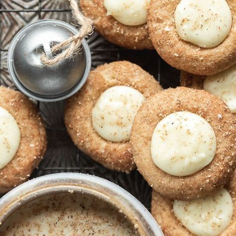 anita parris soule on Instagram: "Eggnog Snickerdoodle Thumbprint Cookies✨ A soft cinnamon sugar cookie filled with eggnog ganache (spiked with rum! Optional but so good!) and topped with freshly grated nutmeg. These are for the eggnog lovers 🙋🏻‍♀️ and make such a perfect addition to a holiday cookie box🎄 https://wildthistlekitchen.com/eggnog-snickerdoodle-thumbprint-cookies/ #christmascookies #eggnog #eggnogcookies #bakefromscratch @food52 #holidaybaking #cookies #christmasbaking #f52grams" Eggnog Ganache, Eggnog Cookies, Cinnamon Sugar Cookies, Thumbprint Cookies, Holiday Cookie, Cookie Box, Snickerdoodles, Cinnamon Sugar, Food 52