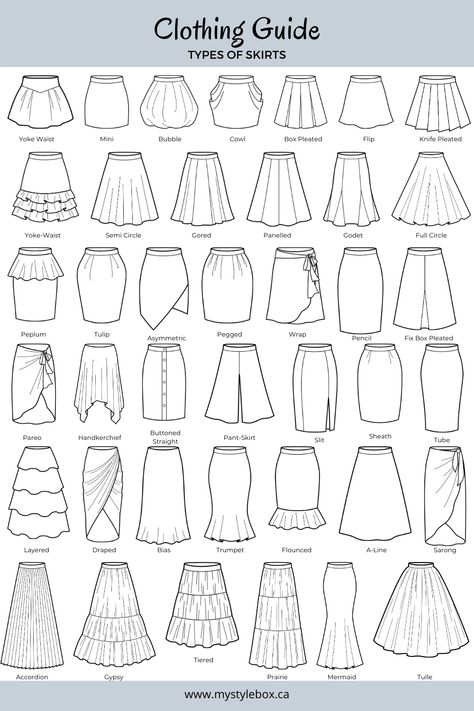 Faldas Different Types Of Skirts Drawing, How To Draw Fashion Clothes, Clothing For Drawing, Figure Design With Clothes, Fashion Outfits To Draw, Draw Skirt Tutorials, Drawing For Fashion Designing, Types Of Dress Skirts, How To Design Clothes Drawing