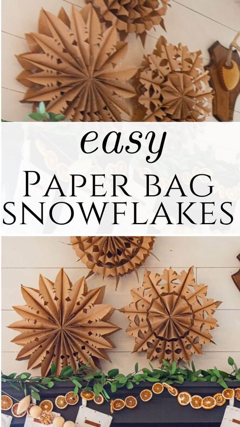 How to make gorgeous large or small paper bag snowflakes! These are so cool and make a big statement in your house. They are inexpensive too! Paper Bags Snowflakes Diy, Paper Bag Snow Flakes Diy, Kraft Paper Snowflake, Homemade New Years Decorations, Small Paper Bag Snowflakes, Paper Bag Wreath Diy, Large Paper Bag Snowflakes, Diy Paper Bag Snowflakes, Brown Paper Snowflakes