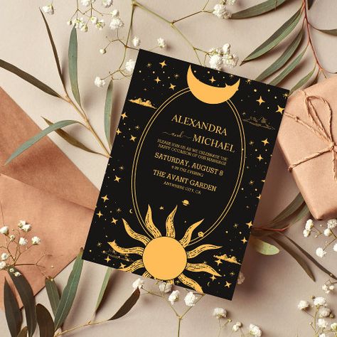 $2.92 | Mystical Black and Gold Sun Moon Wedding #mystical, black and gold, sun moon wedding, elegant, tarot, gothic, horoscope, celestial, fortune teller, trendy chic wedding Sun Moon Wedding, Moon Wedding Theme, Celestial Wedding Invitations, Celestial Wedding Theme, Moon Party, Moon Wedding, Spring Wedding Invitations, Bridal Invitations, Celestial Wedding