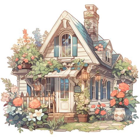 Cute Cottage with Flowers in Rustic and Cottagecore Style Sticker Flower Covered House, Cottage Home Drawing, Cute House Drawing Aesthetic, Build Inspo Sims, Cottagecore House Drawing, Cozy Cottage Drawing, Cute Cottage Illustration, Cozy Cottage Layout, Flower House Drawing