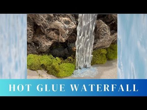 (61) Create a Waterfall Using Hot Glue - Easy Cheap Accessory for your Halloween or Christmas Village! - YouTube Christmas Village Set Up Ideas Diy, Christmas Village Waterfall Diy, Christmas Village Foam Base, Christmas Village River Diy, Diy Halloween Village Platform, Diy Christmas Village Accessories, Hot Glue Waterfall, Christmas Village Mountain Diy, Village Backdrop