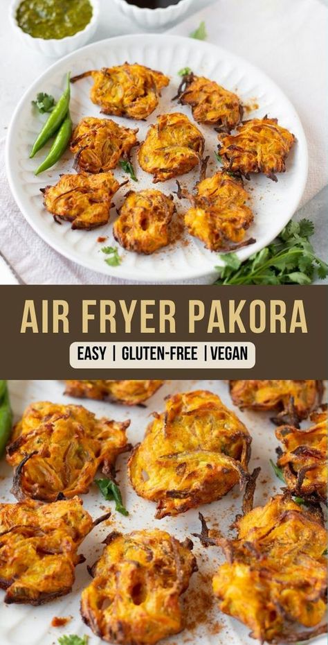 The crispy and golden Air Fryer Pakoras are cooked to perfection! These Air fried onion bhaji are made with sliced onions, gram flour (besan), and spices. These crunchy, flavorful fritters are a perfect snack with a cup of masala chai! | easy indian food recipes | pakora recipe indian | https://pipingpotcurry.com/air-fryer-pakora/ Onion Pakora Recipe, Onion Bhaji Recipes, Air Fryer Recipes Indian, Onion Pakora, Vegetable Pakora, Onion Bhaji, Dips Recipes, Pakora Recipe, Pakora Recipes